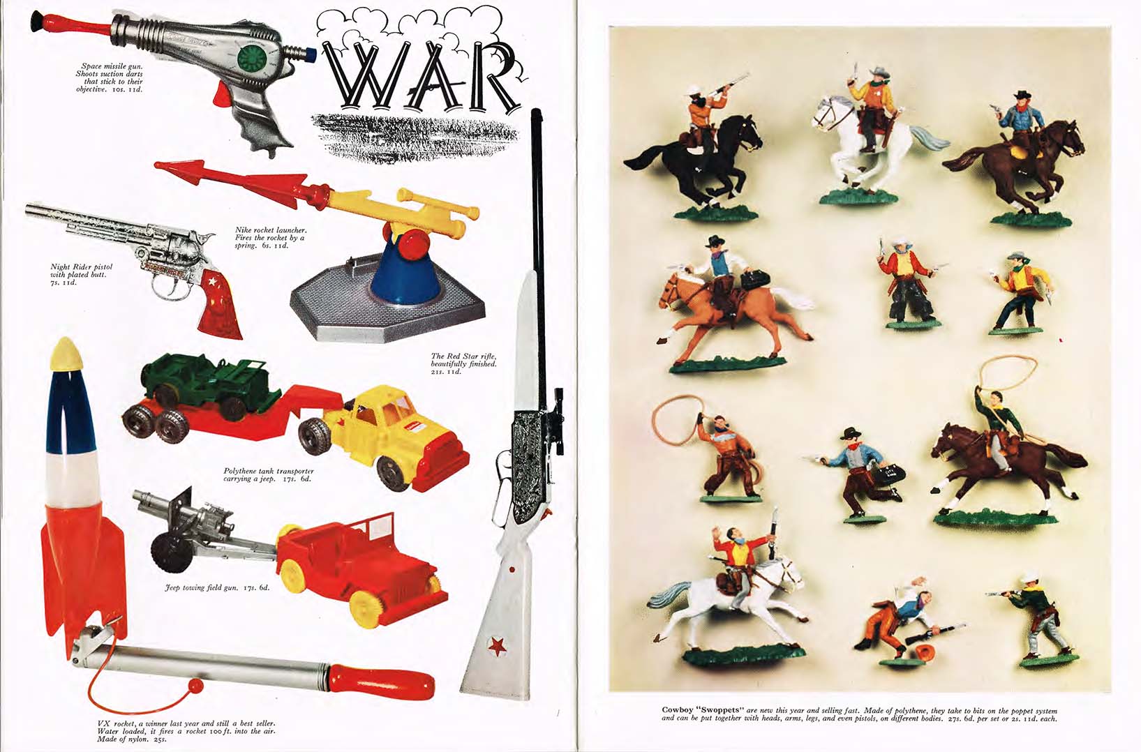 Plastic toy guns, cars, and figurines of men on horseback with lassos