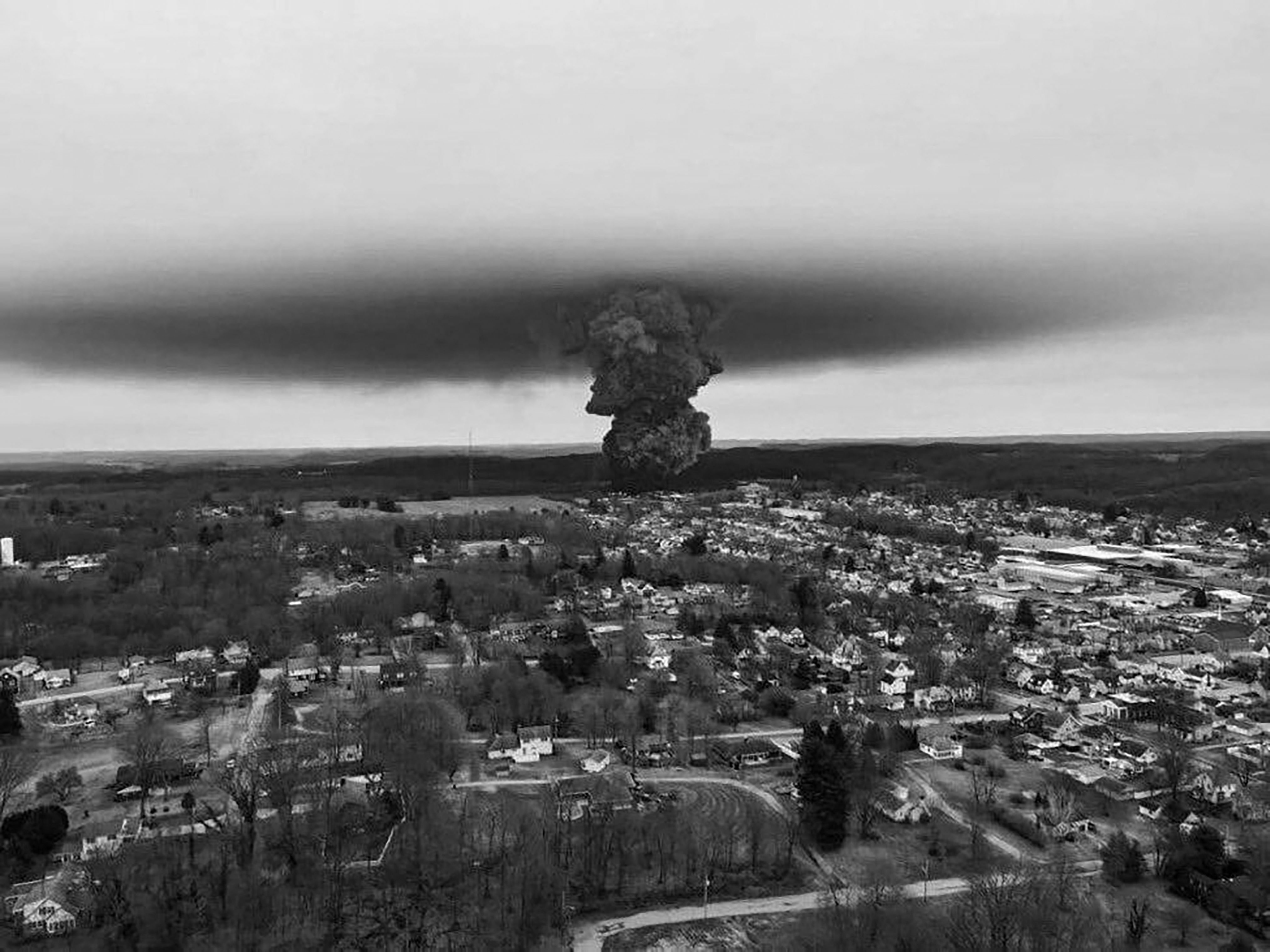 Large black cloud of toxic chemicals as seen by a drone above the town of East Palestine, Ohio.