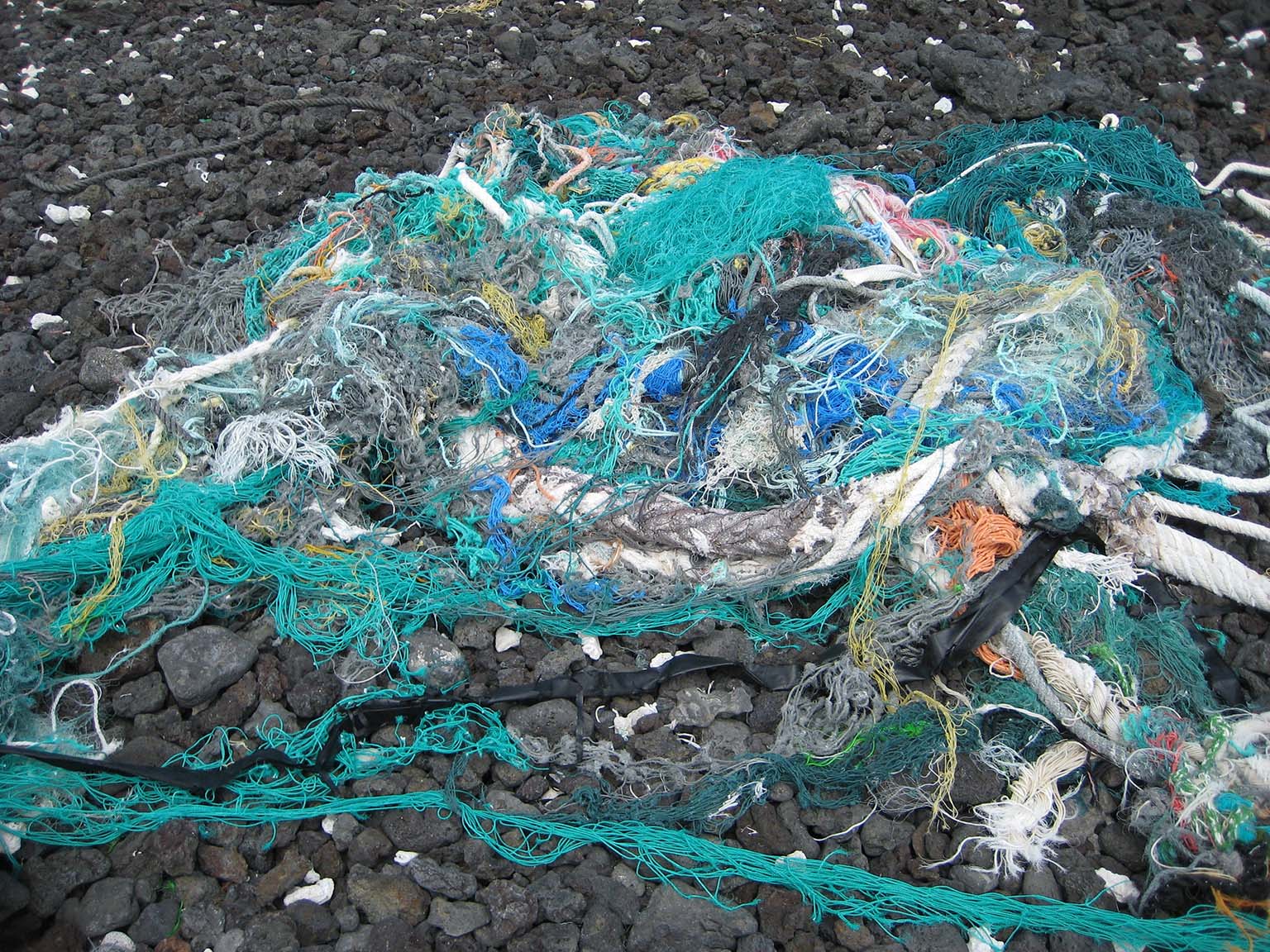 Pile of white, turquoise, and blue ghost nets on black rocks at Black Rock, Ka‘anapali Beach, Hawai‘i.