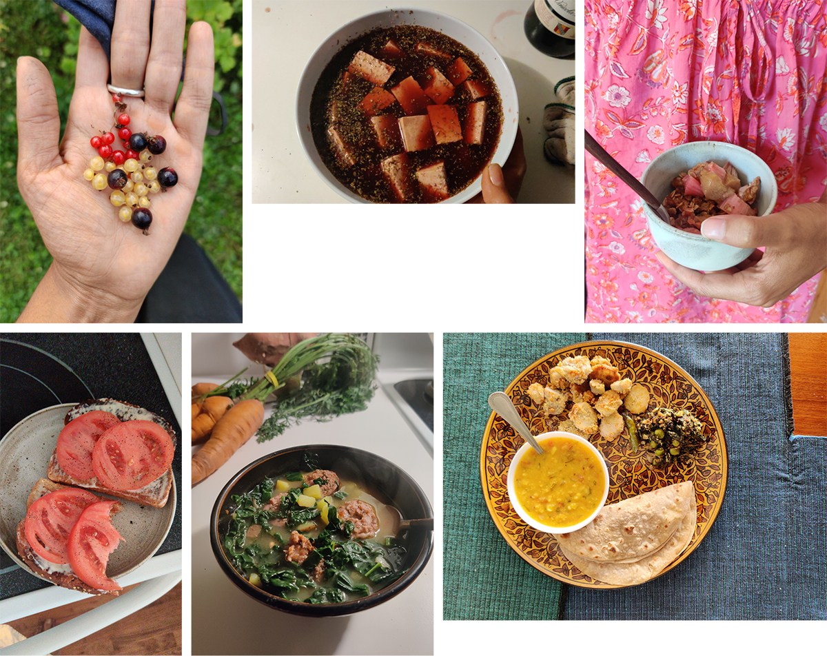 Grid of six images: hand holding berries; bowls of soup; bowl of seeds and fruit; plate of food; tomato on bread